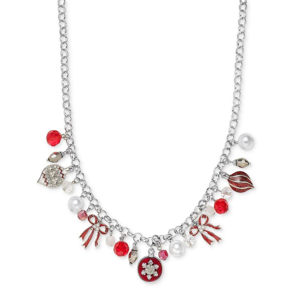 Holiday Lane Silver-Tone Mixed Stone Shaky Ornament Statement Necklace, 18" NEW